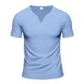 Front view of men's quick-dry T-shirt in light blue with unique V-neckline and short sleeves - S / Tops / Light Blue