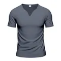 Detail view of a men's grey V-neck quick-dry short-sleeved jersey shirt front view. - Iron Grey