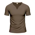 Men's quick-dry brown V-neck short-sleeved T-shirt with professional notch neck design - Brown