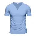 Men's light blue short-sleeved quick-dry jersey T-shirt featuring a notched V-neckline - S / Tops / Light Blue