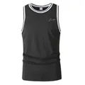 Men's black fitness tank top with Freedom script and white striped trim. - S / Tops / Black
