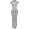 Elegant silver two-piece set with short sleeve bodysuit and knotted slit maxi skirt - S / Top And Bottom / Gray