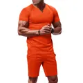 Bright orange men's summer athletic two-piece set featuring a V-neck tee and shorts - S / Top And Bottom / Orange