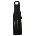 Elegant black backless slim-fit maxi dress with mesh stitching and halter scarf neck - S / Set / Black