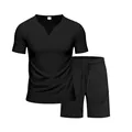 Conjunto deportivo para hombre negro con camiseta de cuello en V y pantalones cortos - Negro