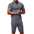 Grey men's athletic V-neck jersey t-shirt and shorts set shown on a muscular model - S / Top And Bottom / Iron Grey