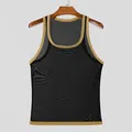 Macro detail of men's mesh sports tank top featuring racerback and elegant gold trim. - S / Tops / Black