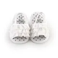 Detailed top view of white ruffled baby prewalker sandals with gold polka dots - 11cm / White