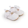 Detailed view of white floral lace baby girl princess shoes with a soft sole and bow - Insole Length 11cm / White