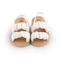 Detailed view of white ruffled baby sandals with elastic heel straps - 11cm / White