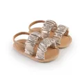 Close-up of baby girl shimmery gold walking sandals with ruffled straps - Gold