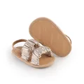 Detailed view of champagne gold baby pre-walker sandals with soft non-slip soles. - Inner Length 13cm / 57g / Gold