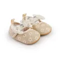 Detailed view of beige baby girl walking shoes with lace floral embroidery and bows - Insole Length 11cm / Apricot