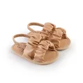 Detailed view of khaki ruffled baby girl summer walking shoes with elastic strap. - 11cm / Apricot