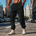 Full view of men's black cargo joggers with multi-pockets on an urban street - S / Bottoms / Black