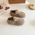 Vintage khaki suede children's shoes with soft soles and buckle straps for spring - Size 21 (Inner length 13.5CM) / Khaki