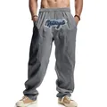 Pantaloni larghi da uomo in lino grigio con ricamo Motorcycle e stile hip-hop casual. - Taglia S / Pantaloni e gonne / Grigio
