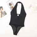 Black halter neck bodysuit with mesh detail and slimming ribbed fabric for women. - S / Set / Black