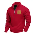 Comfortable men's red half-zip fleece sweatshirt featuring stand collar and chest pocket - S / Tops / Red