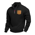 Premium men's casual black half-zip sweatshirt featuring a brown corduroy patch pocket - S / Tops / Black