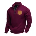 Men's half-zip fleece sweatshirt with stand collar and contrast chest pocket in burgundy - S / Tops / Burgundy