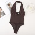 Elegant dark brown halter neck shapewear bodysuit with ribbed texture and mesh detail - S / Set / Coffee