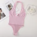 Elegant pink halter neck slimming bodysuit with mesh detailing and ribbed texture for women - S / Set / Pink