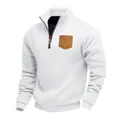 Men's stylish white half-zip sweatshirt with a brown corduroy chest pocket for casual wear - S / Tops / White