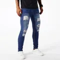 Men's stylish slim fit stretchy ripped jeans with blue wash and distressed patches - 29 / Bottoms / Dark Blue