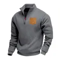 Casual men's grey half-zip fleece sweatshirt featuring a contrast tan chest pocket - S / Tops / Dark Gray