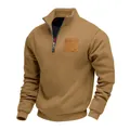 Casual men's khaki half-zip fleece sweatshirt with stand collar and chest pocket - S / Tops / Camel