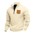 Men's half-zip cream sweatshirt with contrast corduroy pocket detail - S / Tops / Apricot