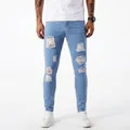 Stylish slim fit light blue ripped denim jeans for men featuring distressed patches and holes - 29 / Bottoms / Light Blue
