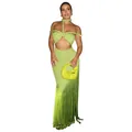 Elegantes limettengrünes Bandage-Kleid mit Neckholder und langen, fließenden Fransen - S / Kleider / Grün