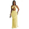 Detailansicht gelbes Neckholder-Kleid mit sexy Ausschnitten und langen Fransen - Gelb