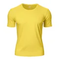 Vue détaillée du t-shirt de sport jaune à col rond et séchage rapide pour le fitness. - Jaune