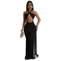 Sexy schwarzes Maxikleid mit Fransen, Ausschnitt und Neckholder-Design. - S / Kleider / Schwarz