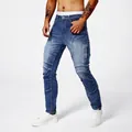 Slim Fit Stretch-Motorradjeans für Herren in Blau mit plissierten Knie-Details - Dunkelblau
