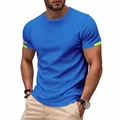 Detailed view of men's athletic blue t-shirt featuring quick-dry fabric and neon accents - Sapphire Blue