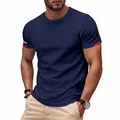 Detailed view of navy blue quick-dry men's sports t-shirt with red sleeve accents - Navy Blue