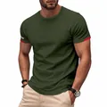 Close-up of olive green athletic T-shirt featuring red contrast sleeve details - Army Green