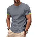 Detailed texture of men's quick-dry grey sports T-shirt with neon accents for running. - S / Tops / Gray