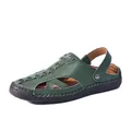 Casual green hollow-out leather sandals with adjustable heel strap - 36 / Dark Green