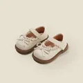 Cream leather toddler girl princess walking shoes with lace and bow for spring. - 16 / Inner Length 12.5cm / Beige