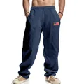 Pantalon large décontracté en lin bleu marine pour homme avec patch drapeau USA. - Bleu Marine