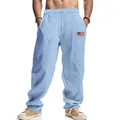 Pantalon d'été en lin bleu clair pour homme avec patch drapeau US sur mannequin - Bleu clair