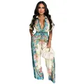 Mono largo vintage con estampado floral y escote en V para mujer con pierna ancha - Azul claro