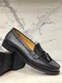 Elegant black genuine leather tassel loafer shoes for men's formal and casual wear - 37 / Black