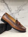 Elegant brown genuine leather tassel loafers for men with a vintage British style - 37 / Brown