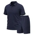 Herren Polo-Set in Marineblau mit einem strukturierten Jacquard-Muster im Detail - S / Oberteil und Hose / Marineblau